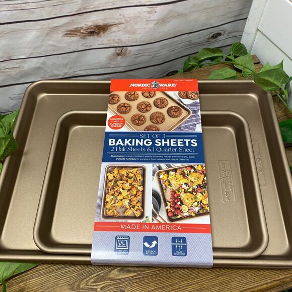 3 pc Nordic Ware Gold Baking Sheets Trays Half Quarter Cookie Aluminum Non Stick - Picture 1 of 10